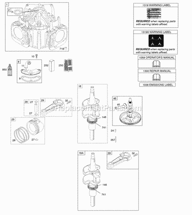 Camshaft Crankshaft Cylinder Piston Rings Connecting Rod Diagram and Parts List for 405577-0116-B1  Briggs and Stratton Engine